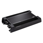 Een zwarte Kicker Warhorse Series 49WXA10004 car audio versterker met zilveren accenten en zichtbare kabelaansluitingen.