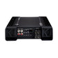 Een zwarte Kicker Warhorse Series 49WXA36001, een 1-Kanal Verstärker met 3600 Watt RMS, toont input/output RCA connectors en bedieningsknoppen op een witte achtergrond.