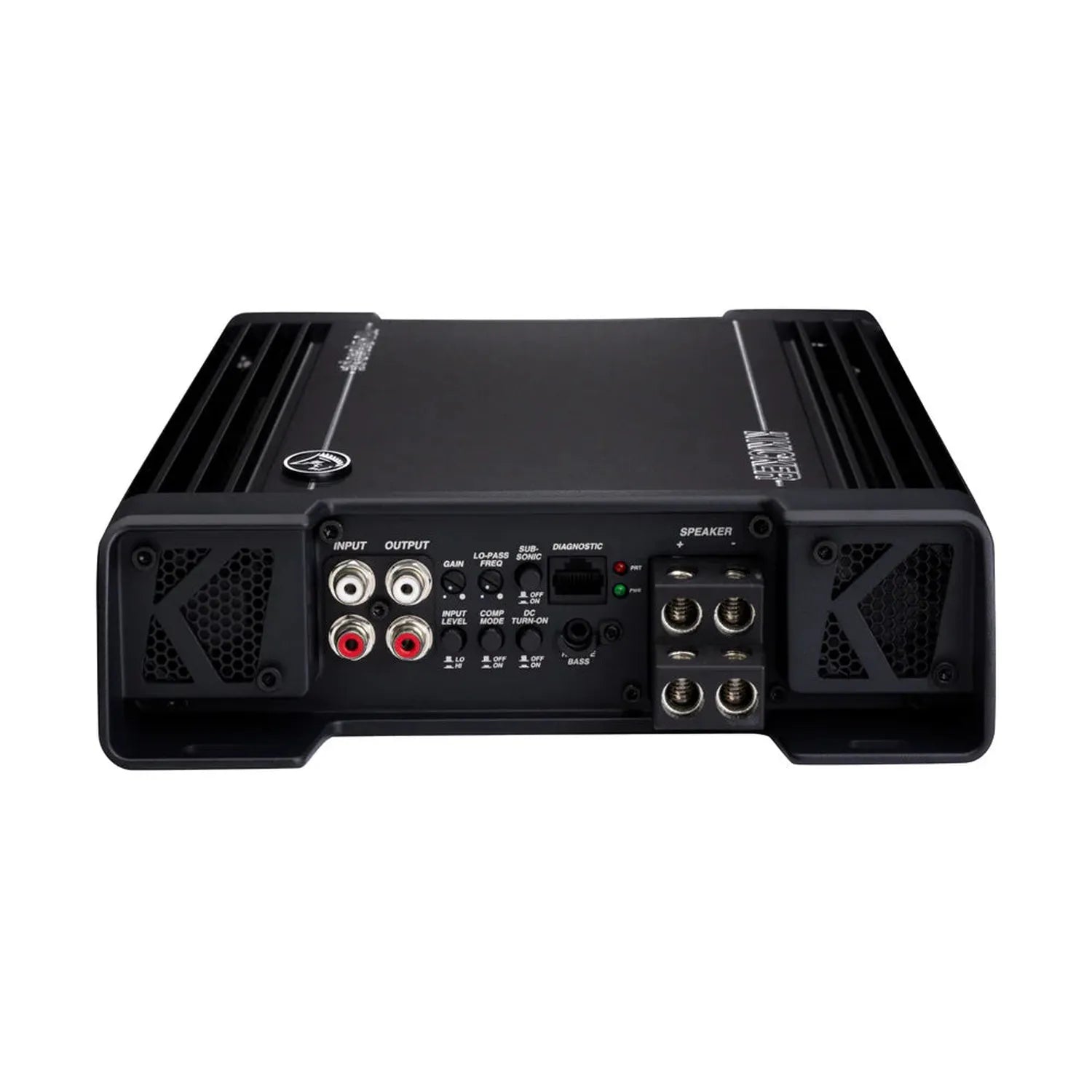 Een zwarte Kicker Warhorse Series 49WXA36001, een 1-Kanal Verstärker met 3600 Watt RMS, toont input/output RCA connectors en bedieningsknoppen op een witte achtergrond.