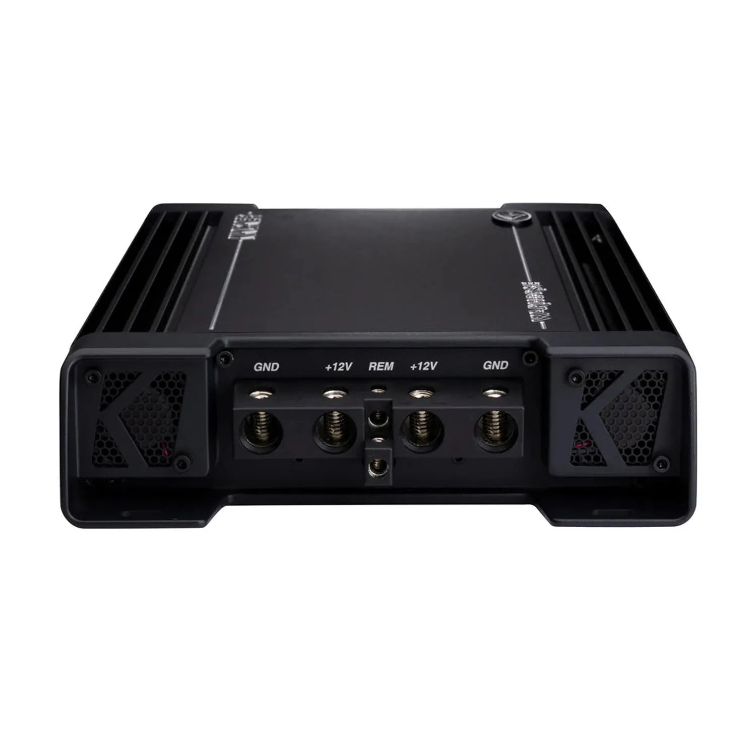 Kicker Warhorse Series 49WXA36001 1-kanaals Car Audio versterker, 3600W RMS, zwart, afgebeeld met GND, +12V, REM aansluitklemmen en geventileerde eindplaten van het K-merk.