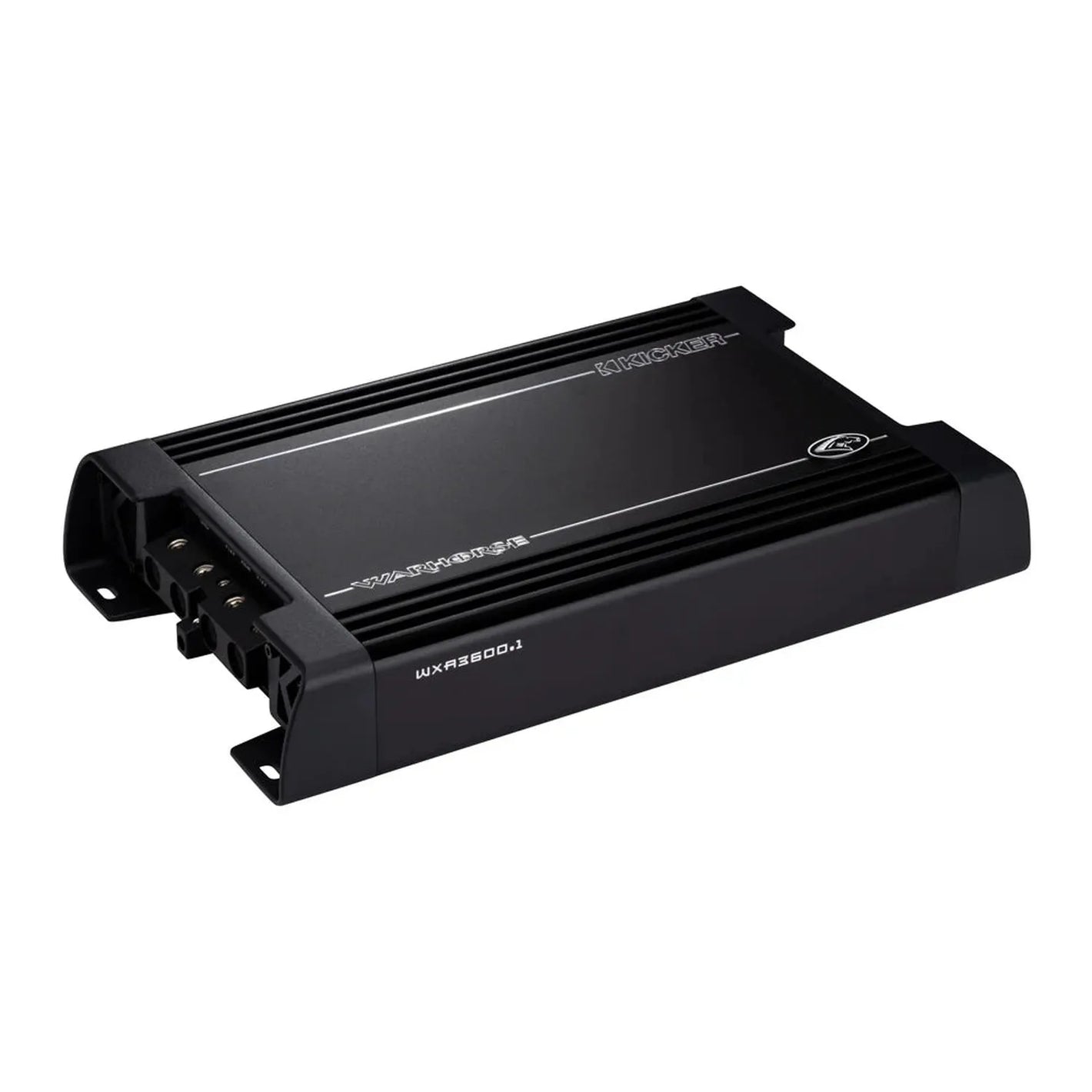 De Kicker Warhorse Series 49WXA36001 is een zwarte, rechthoekige 1-kanaals versterker met zichtbare aansluitingen en een krachtige 3600W RMS output.