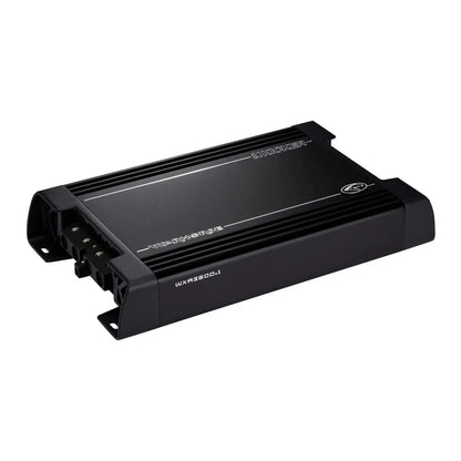 De Kicker Warhorse Series 49WXA36001 is een zwarte, rechthoekige 1-kanaals versterker met zichtbare aansluitingen en een krachtige 3600W RMS output.