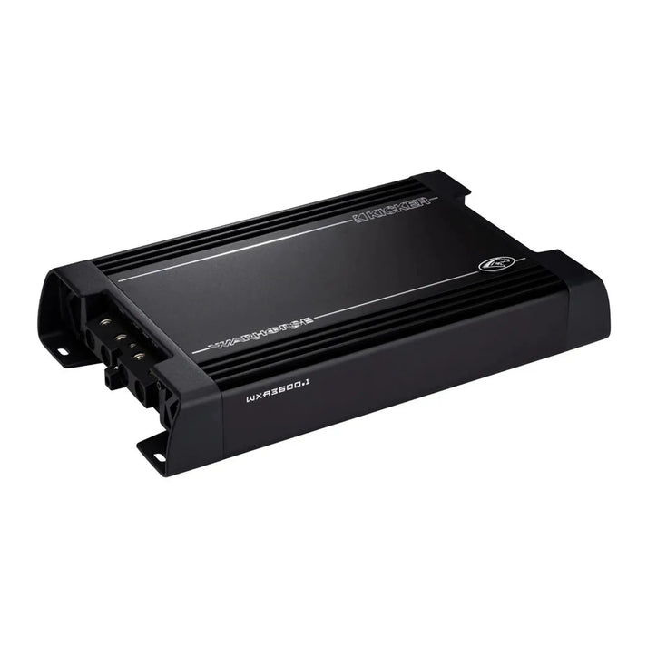 De Kicker Warhorse Series 49WXA36001 is een zwarte, rechthoekige 1-kanaals versterker met zichtbare aansluitingen en een krachtige 3600W RMS output.