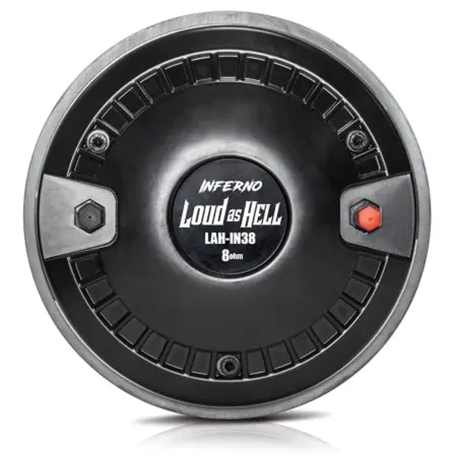 L« Inferno 2 » de Loud as Hell est un haut-parleur rond noir équipé dun tweeter à pavillon, dune impédance de 8 ohms et dune puissance admissible de 300 W RMS, vu de larrière.
