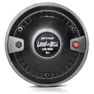 L« Inferno 2 » de Loud as Hell est un haut-parleur rond noir équipé dun tweeter à pavillon, dune impédance de 8 ohms et dune puissance admissible de 300 W RMS, vu de larrière.