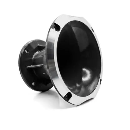 Le tweeter de voiture Loud as Hell Inferno 3, noir et argent, 300W RMS, avec face avant ronde évasée et trous de vis, montré sur un fond blanc.