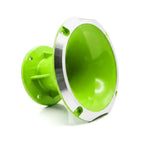 The Inferno 3 horn tweeter by Loud as Hell, shiny green with a silver rim and flared opening, is set against a white background.