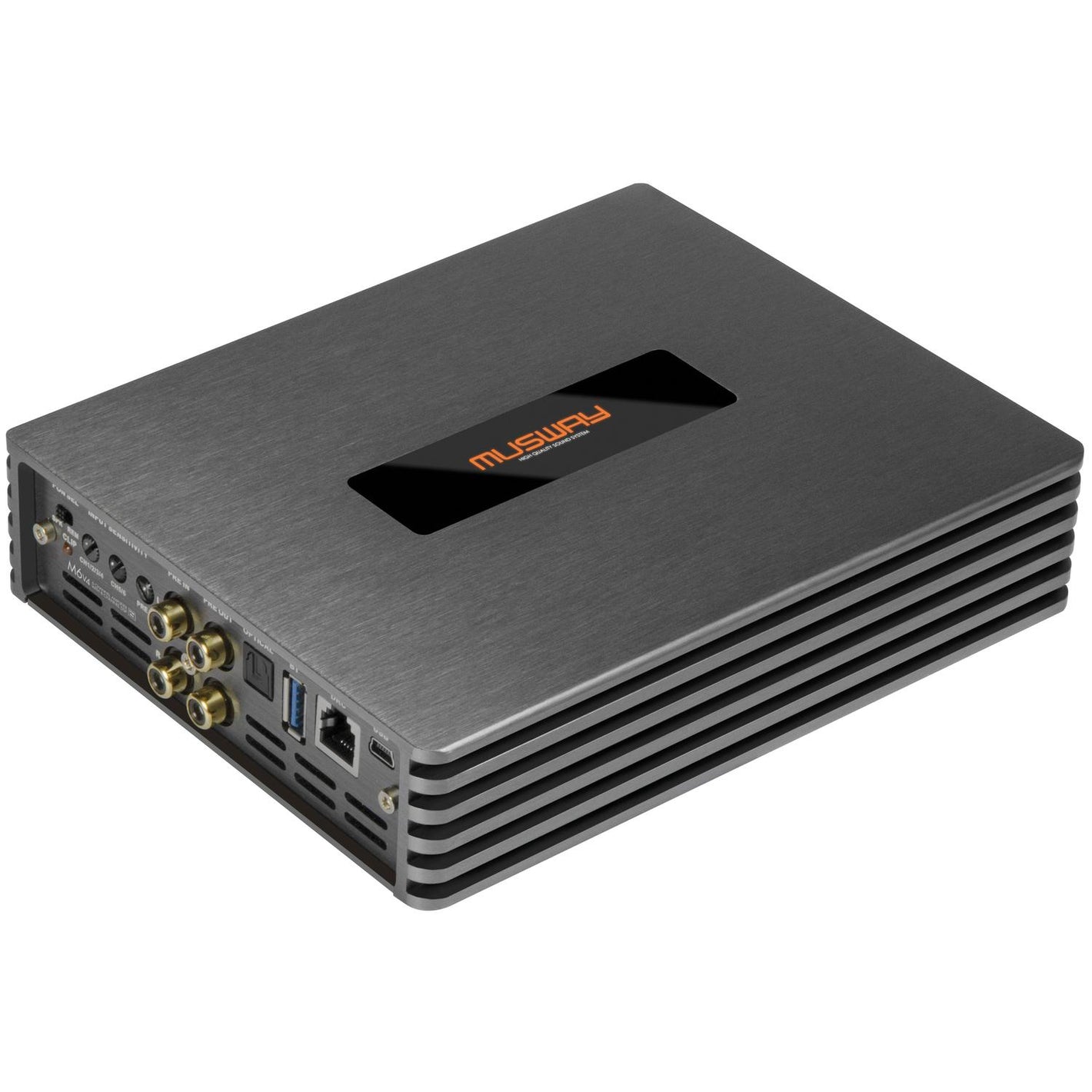 El Musway M6V4-512K es un amplificador de audio rectangular con acabado en metal cepillado, laterales ventilados en negro y múltiples conectores en un extremo.