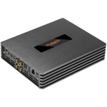 Le Musway M6V4-512K est un amplificateur audio rectangulaire avec une finition en métal brossé, des côtés noirs ventilés et plusieurs connecteurs à une extrémité.