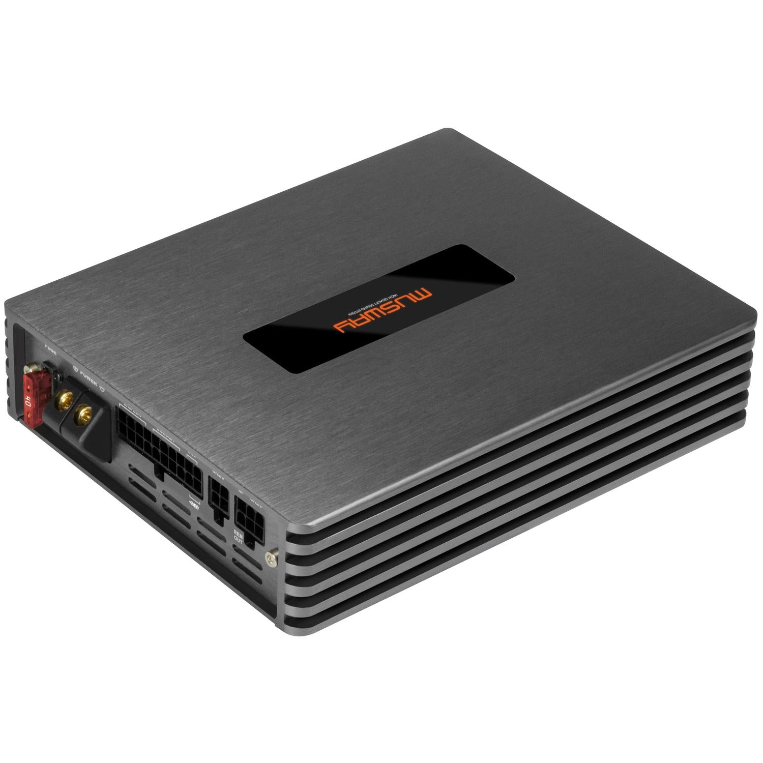 Le Musway M6V4-512K est un amplificateur DSP 6 canaux rectangulaire en métal brossé avec des côtés noirs ventilés, des connecteurs et un logo orange sur le dessus.