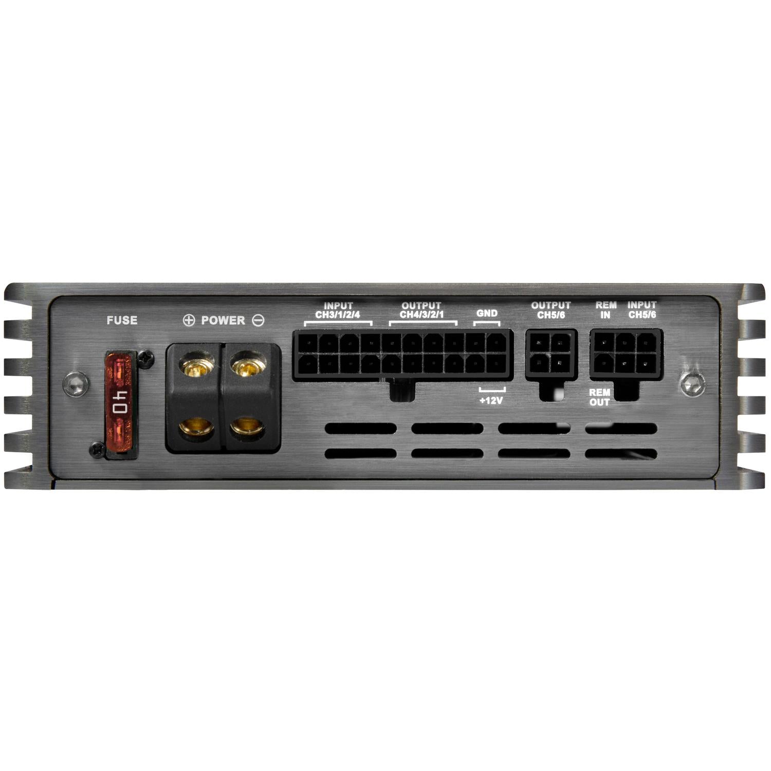 Le panneau arrière du Musway M6V4-512K comporte un fusible, des bornes dalimentation, des ports dentrée/sortie étiquetés et divers emplacements de connecteur pour le câblage.
