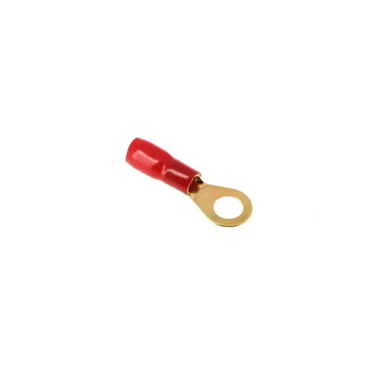 La cosse Masori 10mm²-50mm² Ring Schwarz/Rot est une cosse rouge avec une isolation en silicone et un anneau métallique, idéale pour des connexions sûres de fils à des vis ou à des goujons.