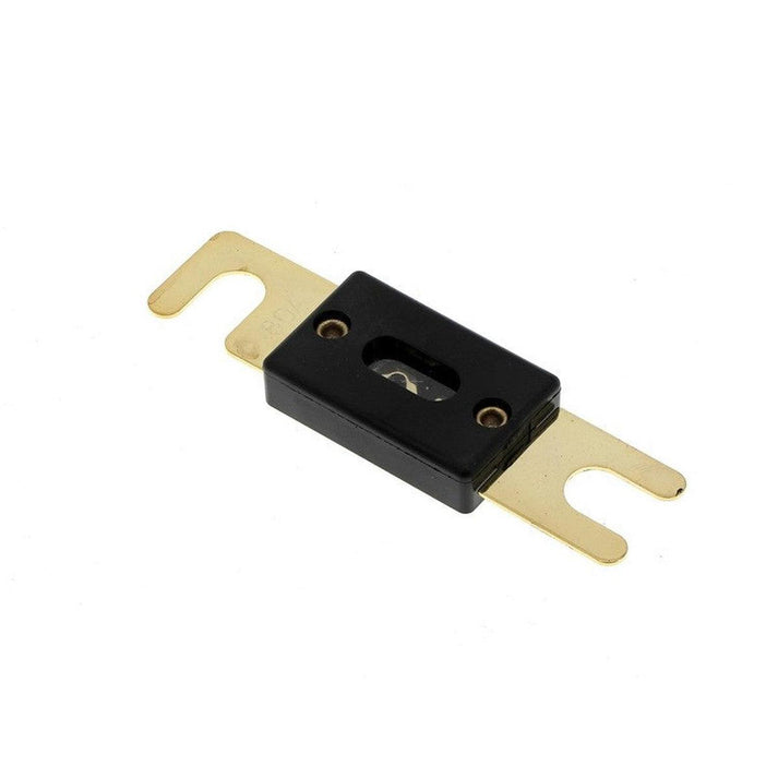 Een Masori 80A-300A ANL Gold zekering, met een rechthoekig zwart huis en gouden contacten, is afgebeeld op een witte achtergrond.