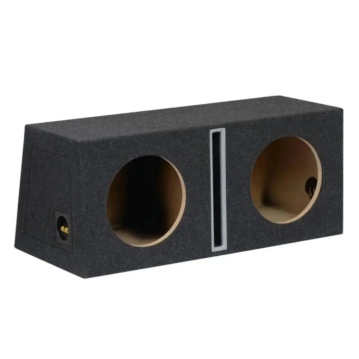 Il Masori B1035Sx2 è un subwoofer in MDF nero con due aperture rotonde da 10 pollici e una porta verticale centrale, su sfondo bianco.