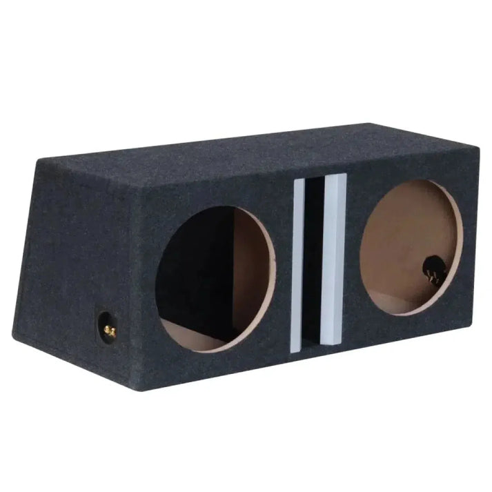 The Masori B1250Sx2 is a black MDF subwoofer box with two round cutouts and a divider, ideal as a 30 cm/12 empty enclosure for car installations.