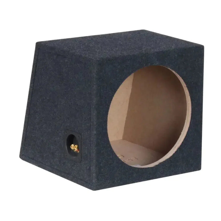 The Masori COM12 is a black, carpeted MDF subwoofer box with a circular 12 cutout and a side terminal cup.