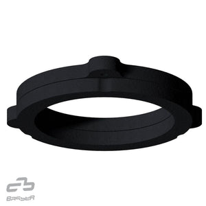 Een zwarte, ronde MDF-ring van Masori DMrena04 met groeven en drie ingekeepte verlengstukken - ideaal als Renault Lautsprecherring of 130 mm Lautsprecheradapter.