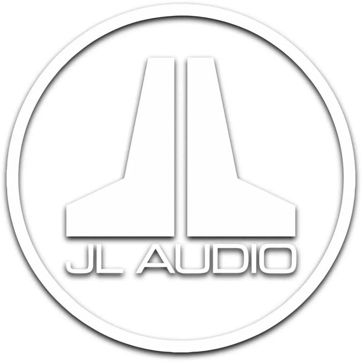 The Masori JL Audio Sticker - rund is a white circular decal with geometric JL shapes and bold JL AUDIO text on ORACAL 751 High Performance Folie.