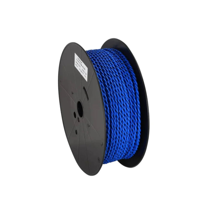 A spool of Masori LSK2x2,5mm² OFC verdrillt blue speaker cable on a black reel is shown against a white background.