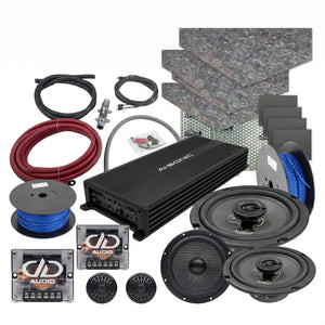 Masori Perfect Match C-C6.5C-XO: Car audio kit met versterker, luidsprekers, tweeters, draden, matten en crossovers netjes gerangschikt op een witte achtergrond.