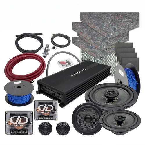 Masori Perfect Match C-C6.5C-XO: Kit audio per auto con amplificatore, altoparlanti, tweeter, cavi, tappetini e crossover disposti ordinatamente su uno sfondo bianco.