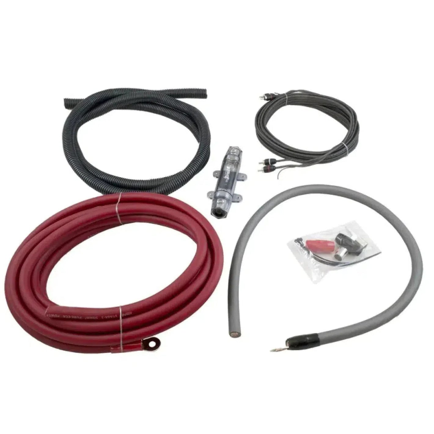 El kit Four Connect Stage2 OFC Flex 50mm² incluye cables rojo, negro y gris, portafusibles Mini-ANL, tubo corrugado y bolsa de conectores para amplificadores de coche.