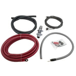 The Four Connect Stage2 OFC Flex 50mm² kit includes red, black, gray cables, Mini-ANL fuse holder, corrugated tubing, and connector bag for car amplifiers.