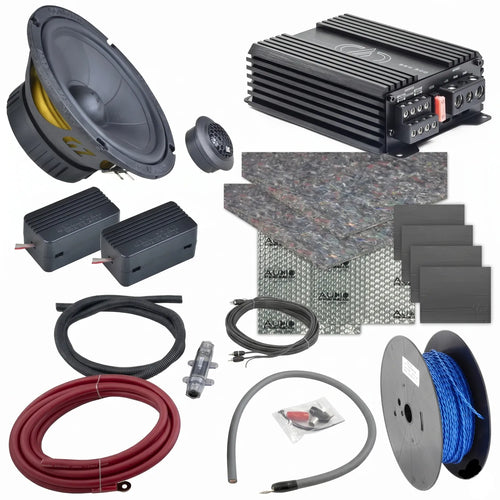 El kit Perfect Match GZIC 165.2 de Masori incluye un juego de altavoces, un amplificador DD Audio, cableado, conectores, rollos de cable y material de amortiguación del sonido sobre fondo blanco.