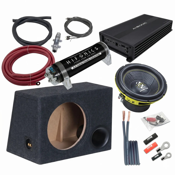 Masori Perfect Match GZIW 12XSPL-D2 subwoofer set with amp, empty box, wiring, cables  install accessories arranged on a white background.