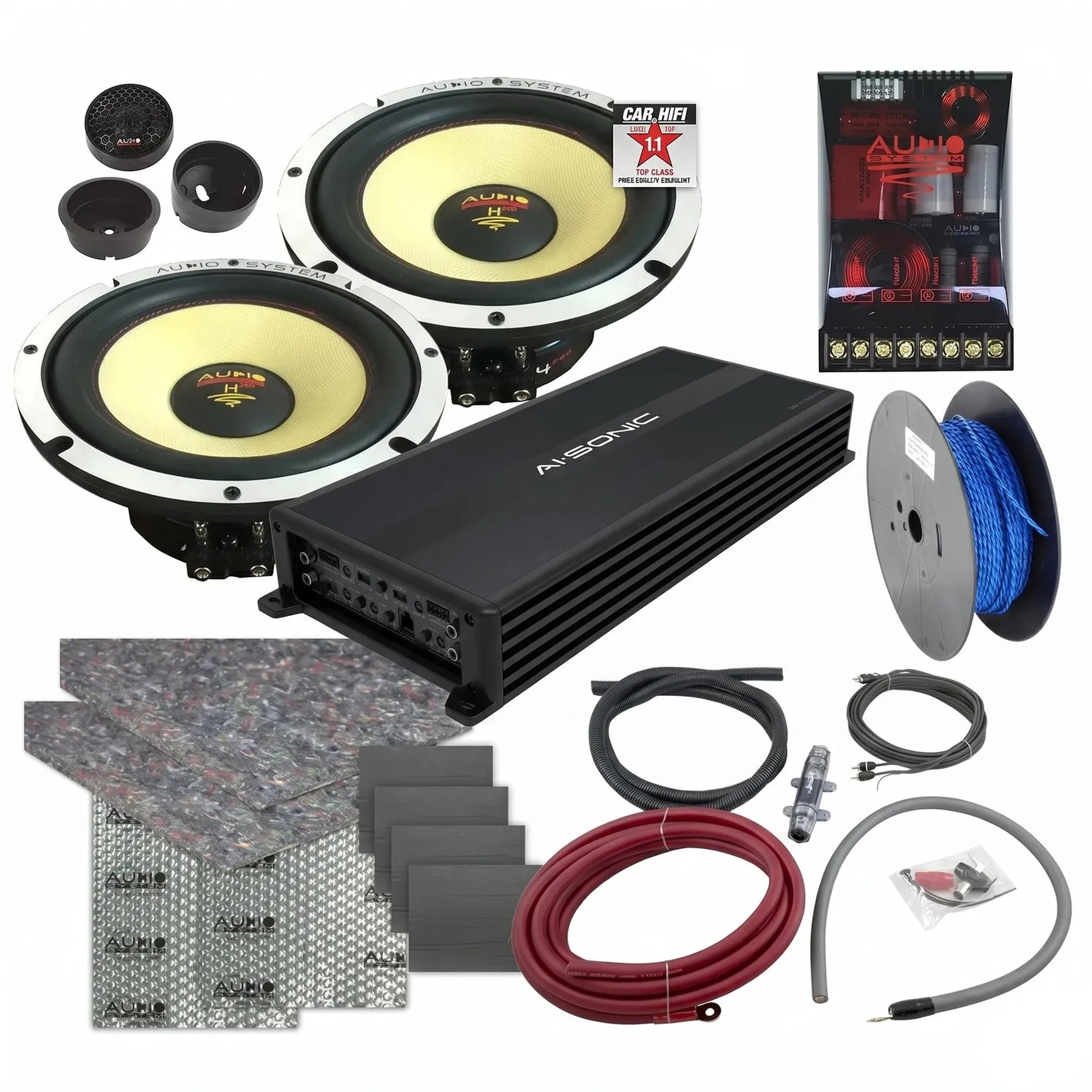 Masori Perfect Match Helon H 165 EVO 2 kit met versterker, bedrading, Kevlarmembran luidsprekers en accessoires op een witte achtergrond.