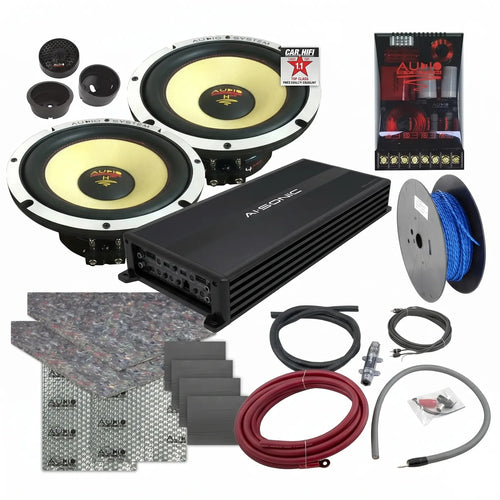 Kit Masori Perfect Match Helon H 165 EVO 2 con amplificador, cableado, altavoces Kevlarmembran y accesorios dispuestos sobre fondo blanco.
