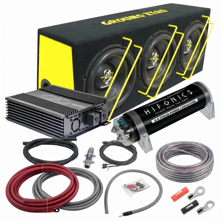 De Masori Perfect Match Iridium GZIB 3.250SPL set bestaat uit drie subwoofers in een geel-zwarte doos, DD Audio SS2000 versterker, Hifonics condensator, kabels en accessoires.