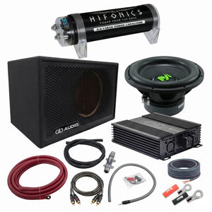 The Masori Perfect Match MF-12R subwoofer set includes a 1500W amp, capacitor, speakers, and wiring for powerful bass performance on a white background.