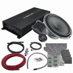 Car audio installation kit by Masori: Perfect Match MPK 165.3, Ai-Sonic S2-A100.4 amp, subwoofer, wiring, connectors, and sound deadening sheets on a white background.