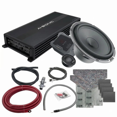 Car audio installation kit by Masori: Perfect Match MPK 165.3, Ai-Sonic S2-A100.4 amp, subwoofer, wiring, connectors, and sound deadening sheets on a white background.