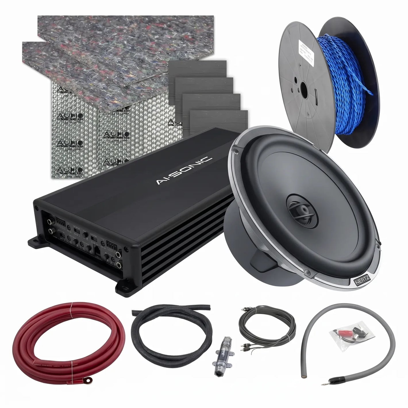 Masori Perfect Match MPX 165.3 kit: subwoofer, versterker, coaxiale luidsprekers, geluidsdempende matten, draden, zekering  connectoren op een witte achtergrond.