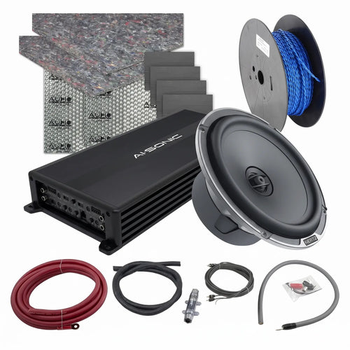 Masori Perfect Match MPX 165.3 kit: subwoofer, amp, coaxial speakers, sound deadening mats, wires, fuse  connectors on a white background.