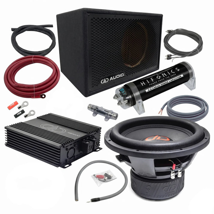 Il kit Masori Perfect Match Power Tuned 612F comprende un subwoofer, un amplificatore, una cassa, un condensatore, un cablaggio, fusibili e connettori su sfondo bianco.
