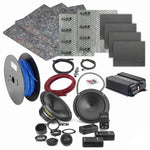 Kit audio per auto Masori Perfect Match Prima APK 165P con amplificatore DD Audio, componenti Audison, cablaggio e tappetini audio visualizzati su sfondo bianco.