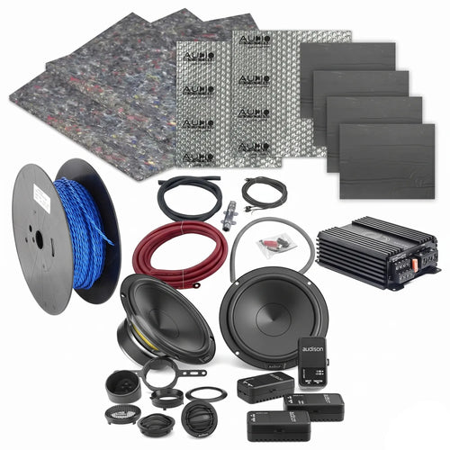 Kit audio per auto Masori Perfect Match Prima APK 165P con amplificatore DD Audio, componenti Audison, cablaggio e tappetini audio visualizzati su sfondo bianco.