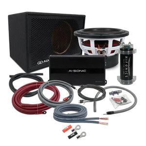 Lensemble Masori Perfect Match Riot 12 V2 comprend un grand subwoofer, un amplificateur, un condensateur, des câbles, des connecteurs et des accessoires sur fond blanc.