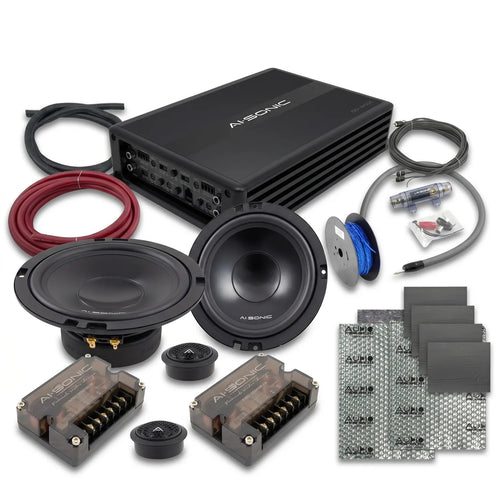 Masori Perfect Match S2-C6.2 kit with S2-A60.4 Verstärker, Ai-Sonic Lautsprecher, cables, soundproofing sheets, fuses  connectors on a white background.