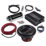 El kit de audio para coche Masori Perfect Match Street EDP122SPL-E3 incluye subwoofer, amplificador, condensador, cables, hilos y conectores sobre fondo blanco.