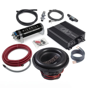 Masori Perfect Match Street EDP122SPL-E3 car audio kit includes subwoofer, amplifier, capacitor, cables, wires, and connectors on a white background.