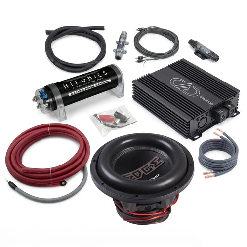 El kit de audio para coche Masori Perfect Match Street EDP122SPL-E3 incluye subwoofer, amplificador, condensador, cables, hilos y conectores sobre fondo blanco.