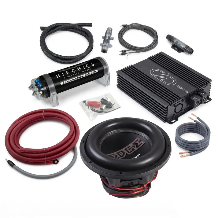 Masori Perfect Match Street EDP122SPL-E3 car audio kit includes subwoofer, amplifier, capacitor, cables, wires, and connectors on a white background.