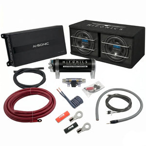 Masori Perfect Match TD-250R car audio kit: black amp, 600W RMS subwoofer, dual-bandpass box, wiring, power cap, fuse, connectors  cables on white background.
