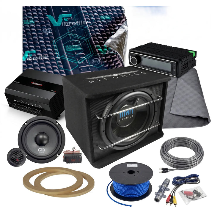 Kit Masori Perfect Match Titan TS-300R Stage2 avec ampli SoundDigital à 5 canaux, unité principale stéréo, haut-parleurs et accessoires sur fond blanc.