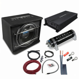 Masori Perfect Match TS-250R: subwoofer set with Titan Subwoofer, Ai-Sonic amp, power cap, cables, and connectors on a white background.