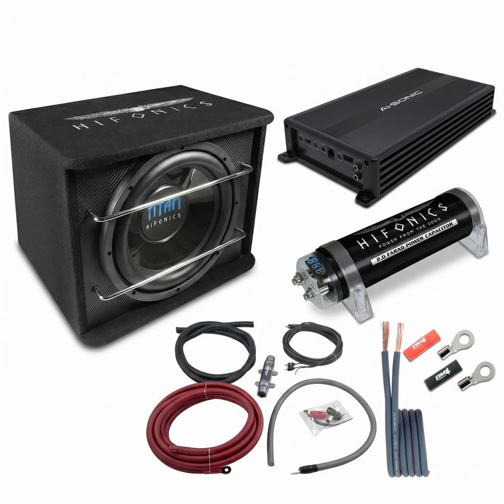 Masori Perfect Match TS-250R: set di subwoofer con subwoofer Titan, amplificatore Ai-Sonic, alimentatore, cavi e connettori su sfondo bianco.
